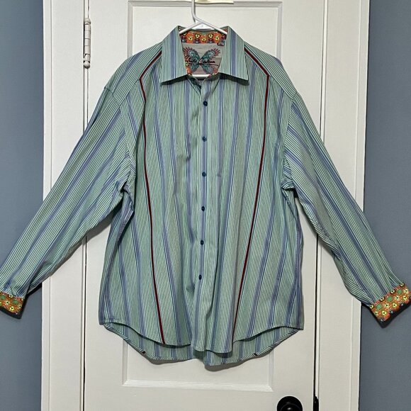 Robert Graham flip cuff button down shirt size 2XL blue green red striped - Picture 1 of 8